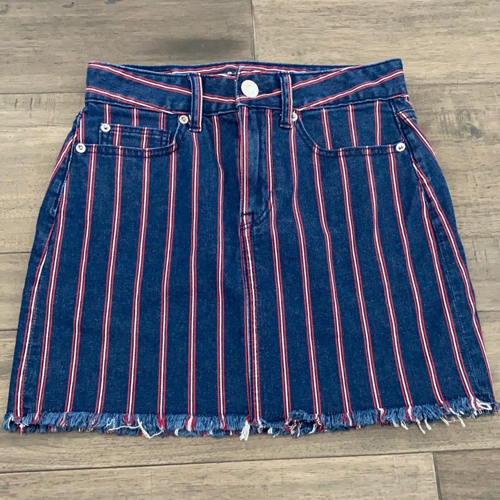 American Eagle Super Stretch High Rise Mini Jean Skirt Blue Red Striped Sz 0β